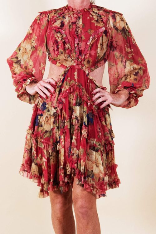 Zimmermann Rust Colour Ruffle Dress, Cut Out Sides and Exposed Back