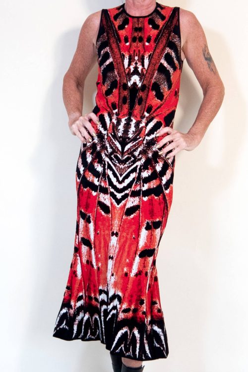 Long Red McQueen Tortoiseshell Butterfly Print Dress