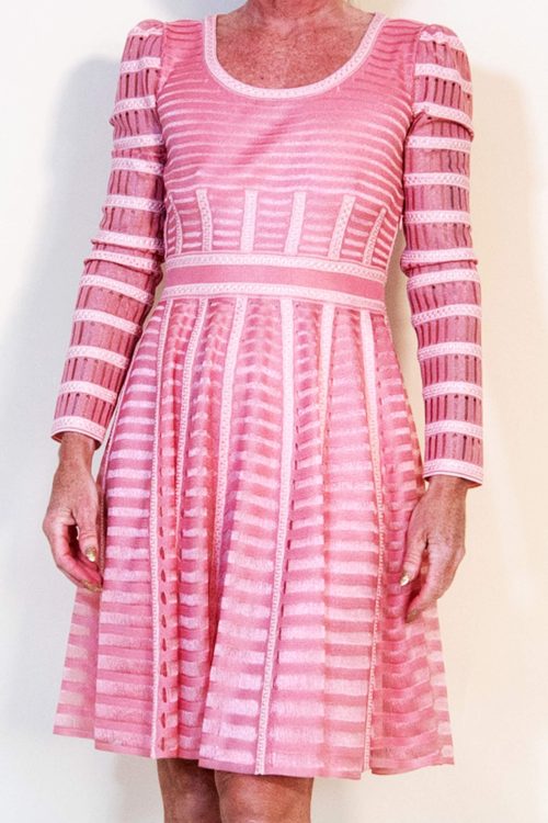 McQueen Round Neck, Pink / Mesh Striped Midi Dress