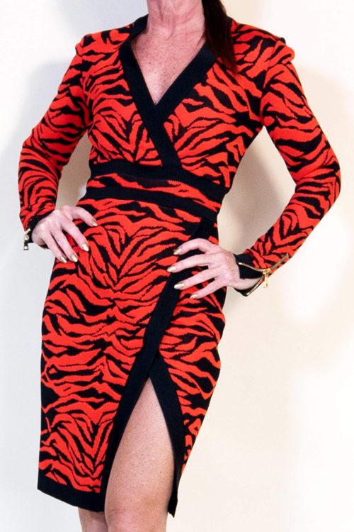 Balmain Orange Black Dress with Front Split