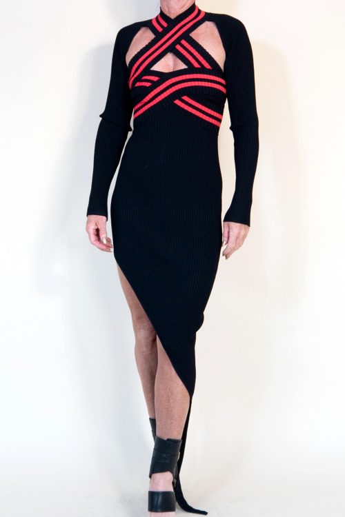David Koma Red/ Black Crossover Sleeve Dress