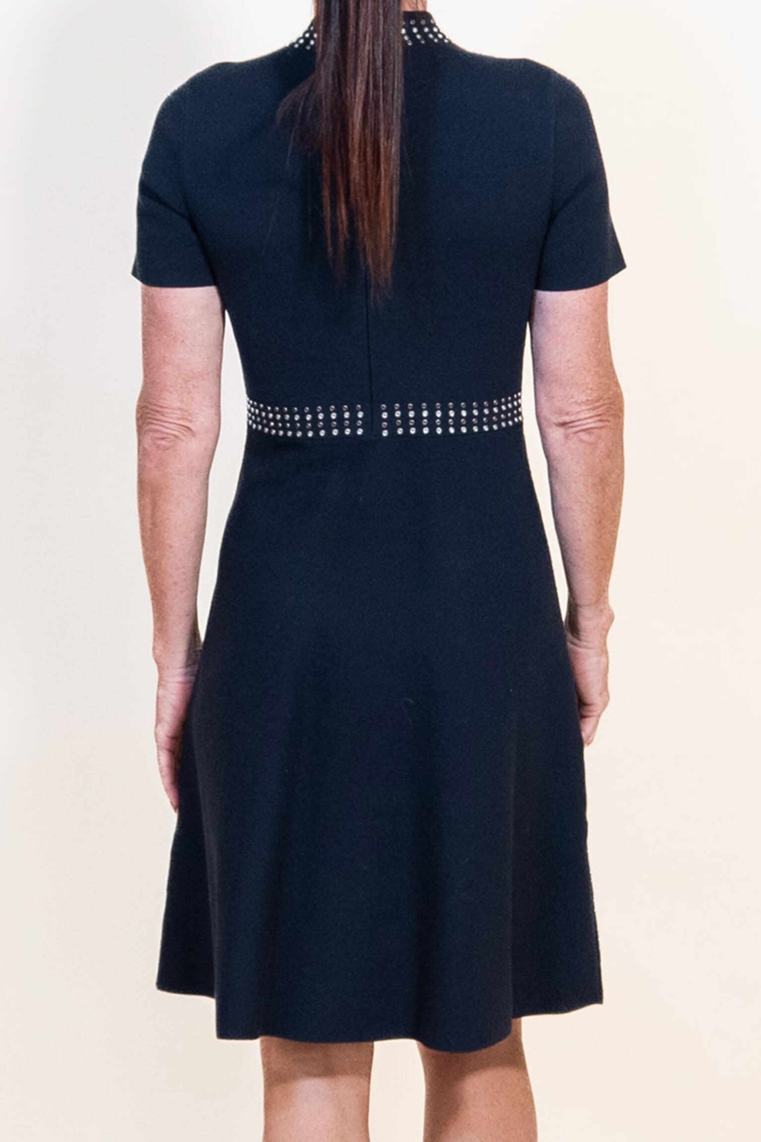 Sandro Navy Dress with Round Embellishments around Neckline, Waist and Sides