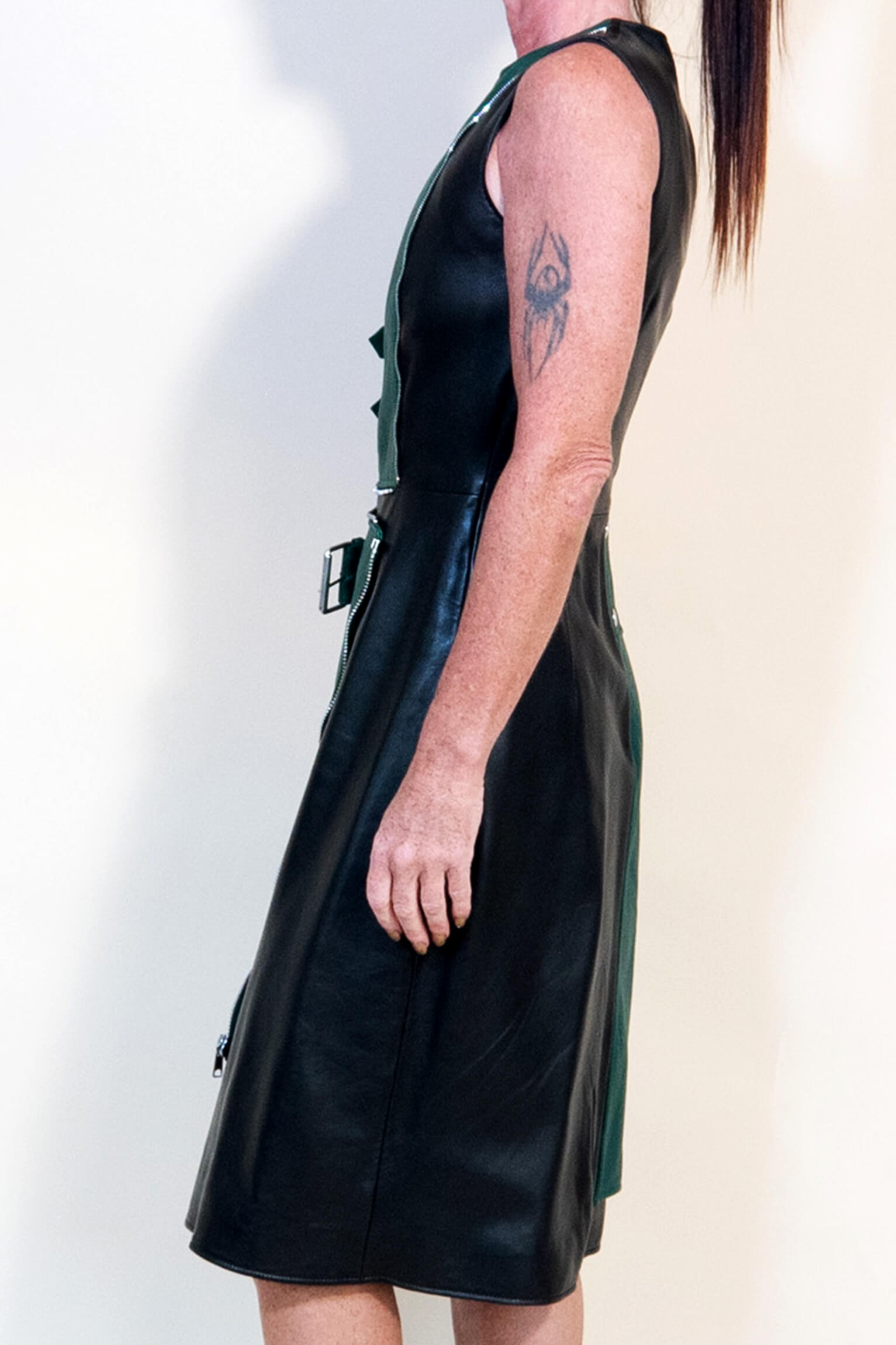 Alexander McQueen Green/ Black Leather Zip/ Buckle Dress